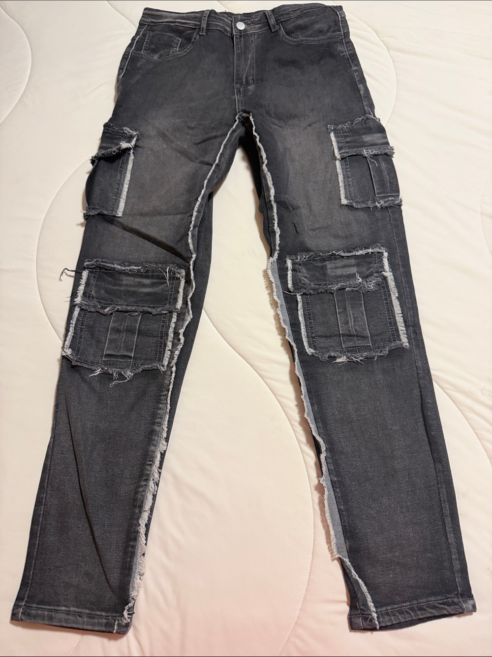 Men's Slim Straight Black Patch Cargo Jeans